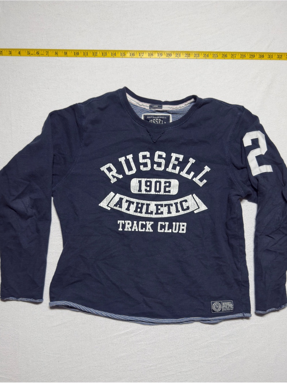 1990s Russell Athletic Navy Long-Sleeve Track Club Shirt with White Print